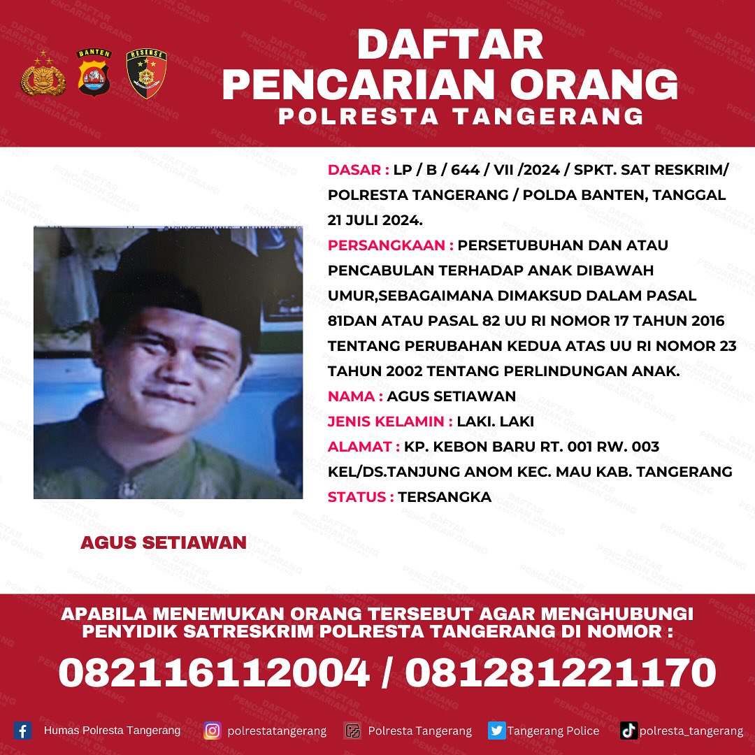 Polresta Tangerang Rilis DPO Kasus Rudapaksa Anak di Bawah Umur