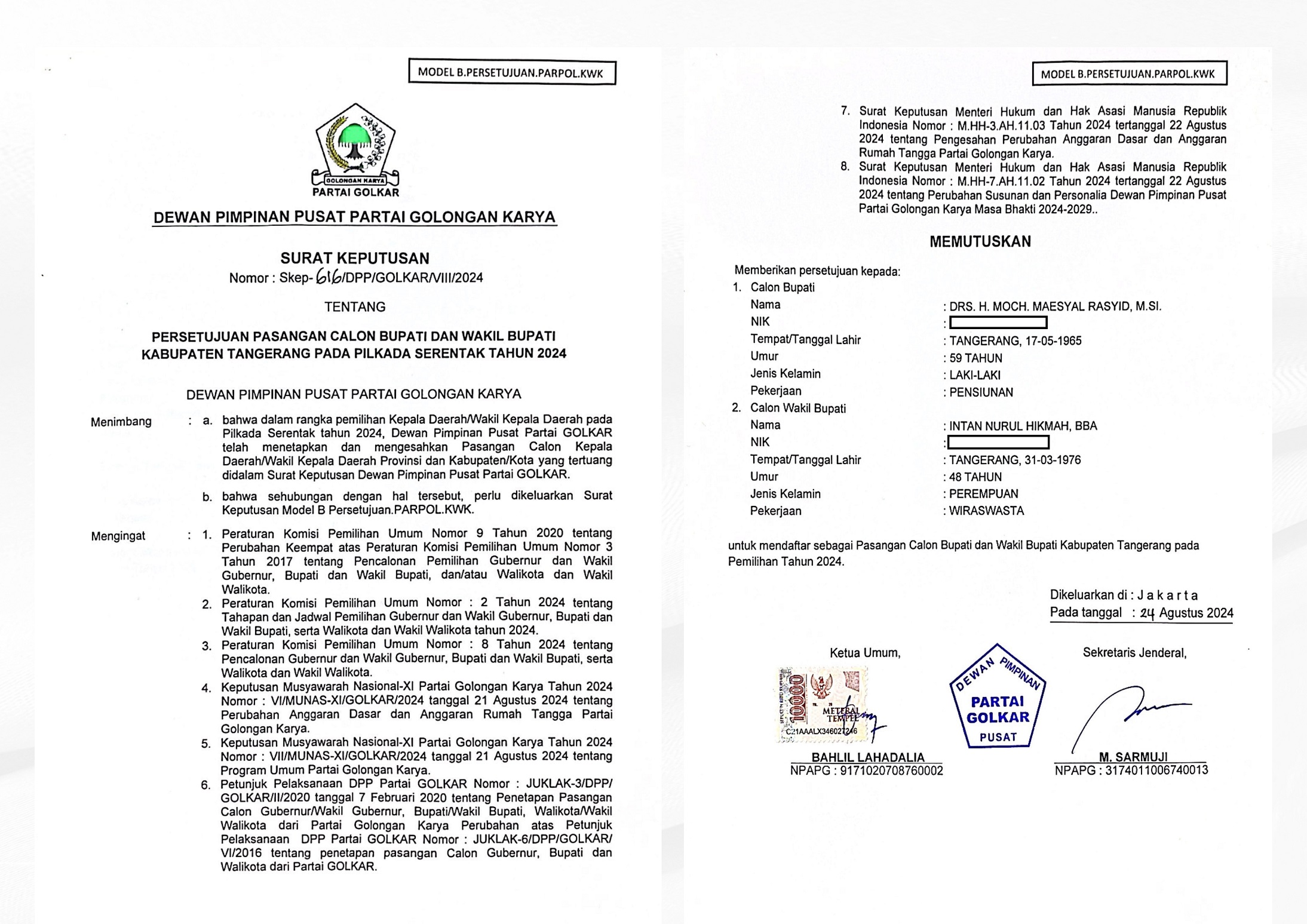 Resmi Diusung Golkar, Ini B1 KWK Buat Maesyal-Intan