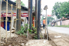 Proyek Drainase Depan PT Bosung Kembali Terhenti, Terhambat Tiang Kabel Internet di Jalan Pasar Kemis–Rajeg